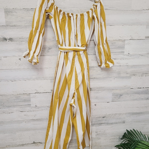 PrettyLittleThing Mustard Striped Bardot Jumpsuit - Picture 11 of 13